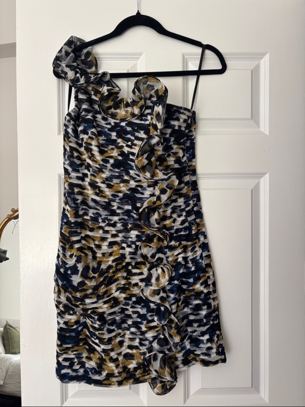 Laundry By Shelli Segal One-Shoulder Ruffle Dress in Navy, White & Olive